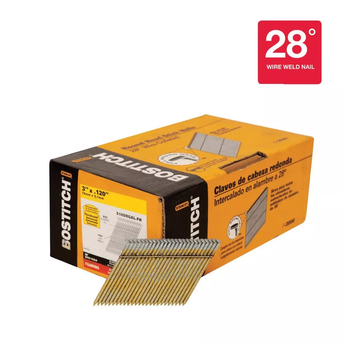 Bostitch S10DRGAL-FH S Series 28 deg Wire Collated Framing Nail, 3 in L, 0.12 in Dia, Thickcoat Galvanized, Steel